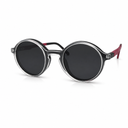 Round sunglasses with black lenses and clip-on on a white background