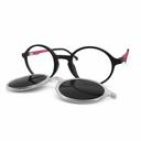 Round eyeglasses with black frames and detachable clip-on on a white background