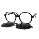 Eyeglasses with a clip-on black lens on a white background