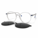 Clear eyeglasses with black clip-on lenses on a white background