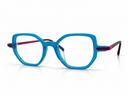 Blue eyeglasses with pink accents
