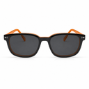 Glasses with black lenses and orange frames on a white background