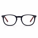 Eyeglasses with red temples on a white background