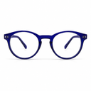 Round blue eyeglasses on a white background
