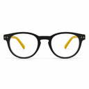 Green eyeglasses with yellow temple tips on a white background