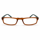 Brown eyeglasses with green temple tips on a white background