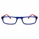 Blue eyeglasses with red temple tips on a white background