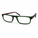 Green eyeglasses with brown accents on a white background