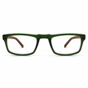 Green eyeglasses with brown temple tips on a white background