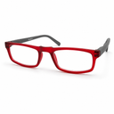 Red eyeglasses with gray temple tips on a white background