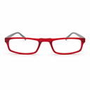 Red eyeglasses with gray accents on a white background