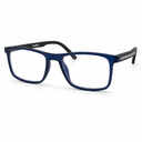 Blue eyeglasses with black accents on a white background
