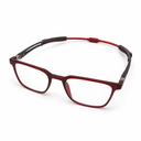 Red eyeglasses with black accents on a white background