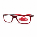 Red eyeglasses with a red cord on a white background