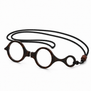 Vintage-style eyeglasses with a black cord on a white background