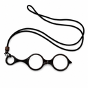 Dark eyeglasses with a lanyard on a white background