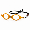 Mustard colored eyeglasses with a black cord on a white background