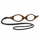 Vintage-style eyeglasses with a brown tortoiseshell frame and black cord on a white background