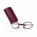 Red eyeglasses with a matching case on a white background