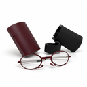 Red and black eyeglasses with cases on a white background