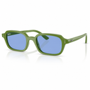 Sunglasses with green frame and blue lenses on a white background. 