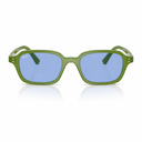 Green-framed sunglasses with blue lenses on a white background. 
