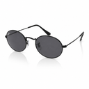 Black round sunglasses with dark lenses on a white background. 