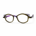 Eyeglasses with a green frame and purple accents on a white background