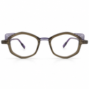 Brown eyeglasses with purple accents on a white background