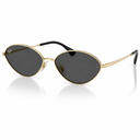 Gold-framed sunglasses with dark lenses on a white background. 