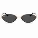 Sunglasses with gold frame and dark lenses on a white background. 