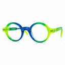 Round eyeglasses with a gradient blue to green frame on a white background