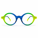 Round eyeglasses with a blue and green  frame on a white background