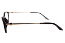 Side angle of black cat-eye glasses on a white background. 