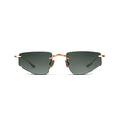 Sunglasses with rose-gold frame and dark lenses on a white background