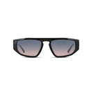 Black sunglasses with gradient blue lenses on a white background