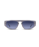 Sunglasses with blue lenses and gray frames on a white background