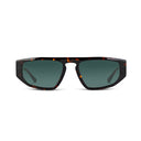 Sunglasses with tortoiseshell frame and green lenses on a white background