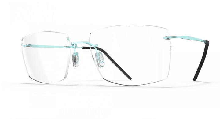 Pair of rimless Blackfin eyeglasses with clear blue temples