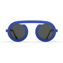 Round Sunglasses with blue frames and dark lenses and high bridge