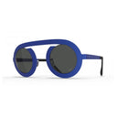 Blue round sunglasses with dark lenses and high bridge