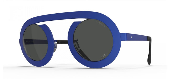 Blue round sunglasses with dark lenses and high bridge