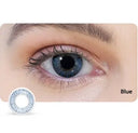 Close-up of a blue contact lens with an eye wearing it, labeled 'Blue'.