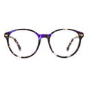 Round eyeglasses with a purple and black tortoiseshell patterned frame and clear lenses, shown against a plain white background.