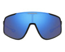 Black sunglasses with blue reflective lenses on a white background