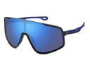 Sunglasses with blue reflective lenses and black frame on a white background