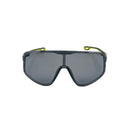 Sunglasses with a black frame and reflective lenses on a white background
