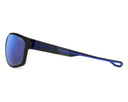 Sunglasses with blue lenses and black frame on a white background