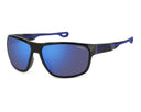 Sunglasses with blue lenses and black frame on a white background