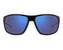 Black sunglasses with blue lenses on a white background